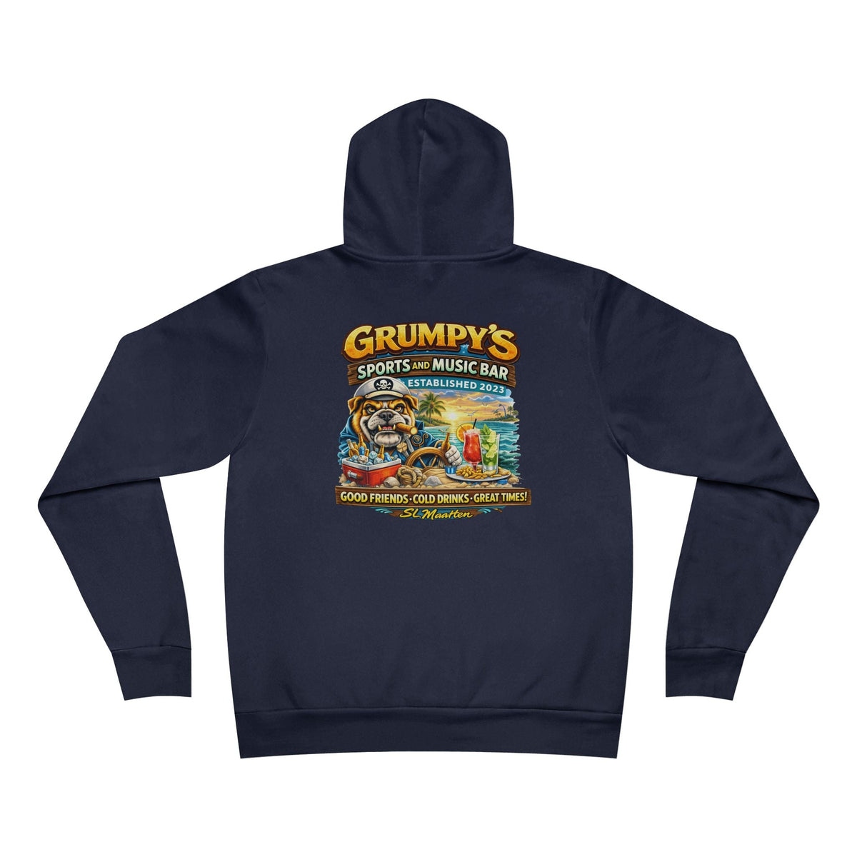 Navy blue pullover hoodie with a large colorful Grumpy's Sports and Music Bar bulldog logo printed on the back, on a white background.