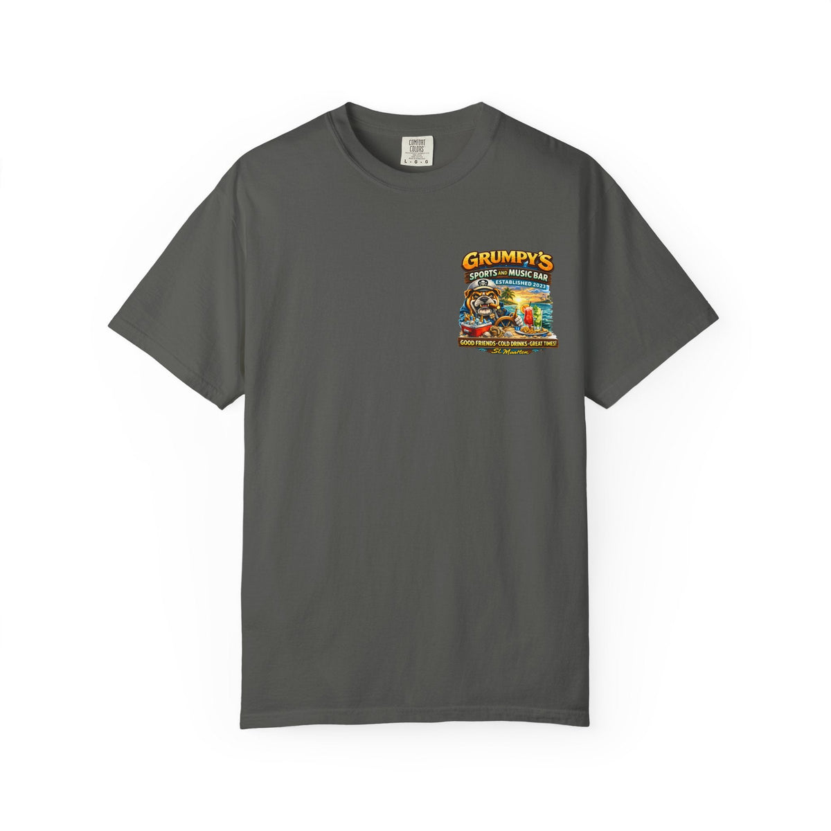 Gray t-shirt with a colorful graphic on the chest against a white background