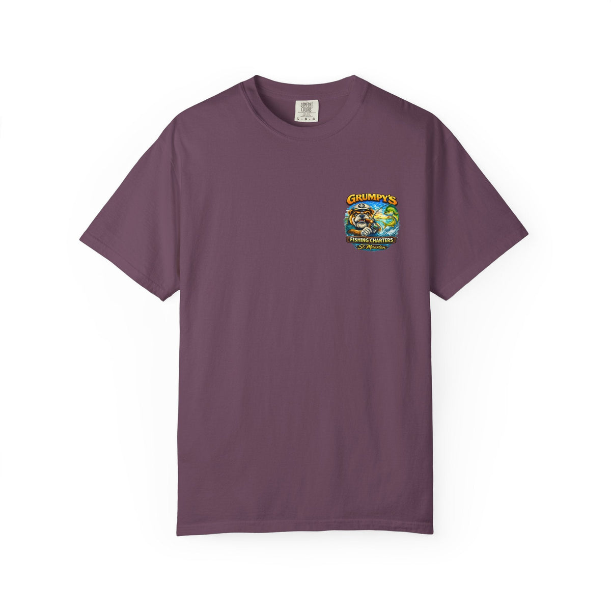 Chambray Grumpy's Fishing Charters Tee – "Hooked & Hammered", t-shirt product image 10, size M.