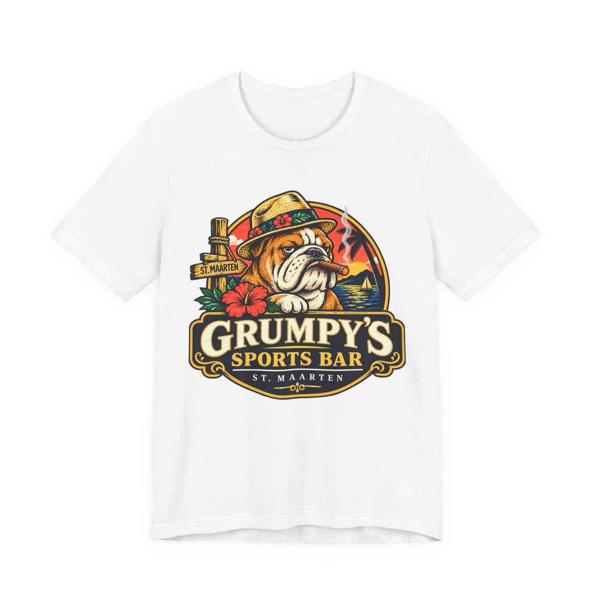 Grumpy’s Sports Bar St. Maarten T‑Shirt — Tropical Bulldog Bar Tee