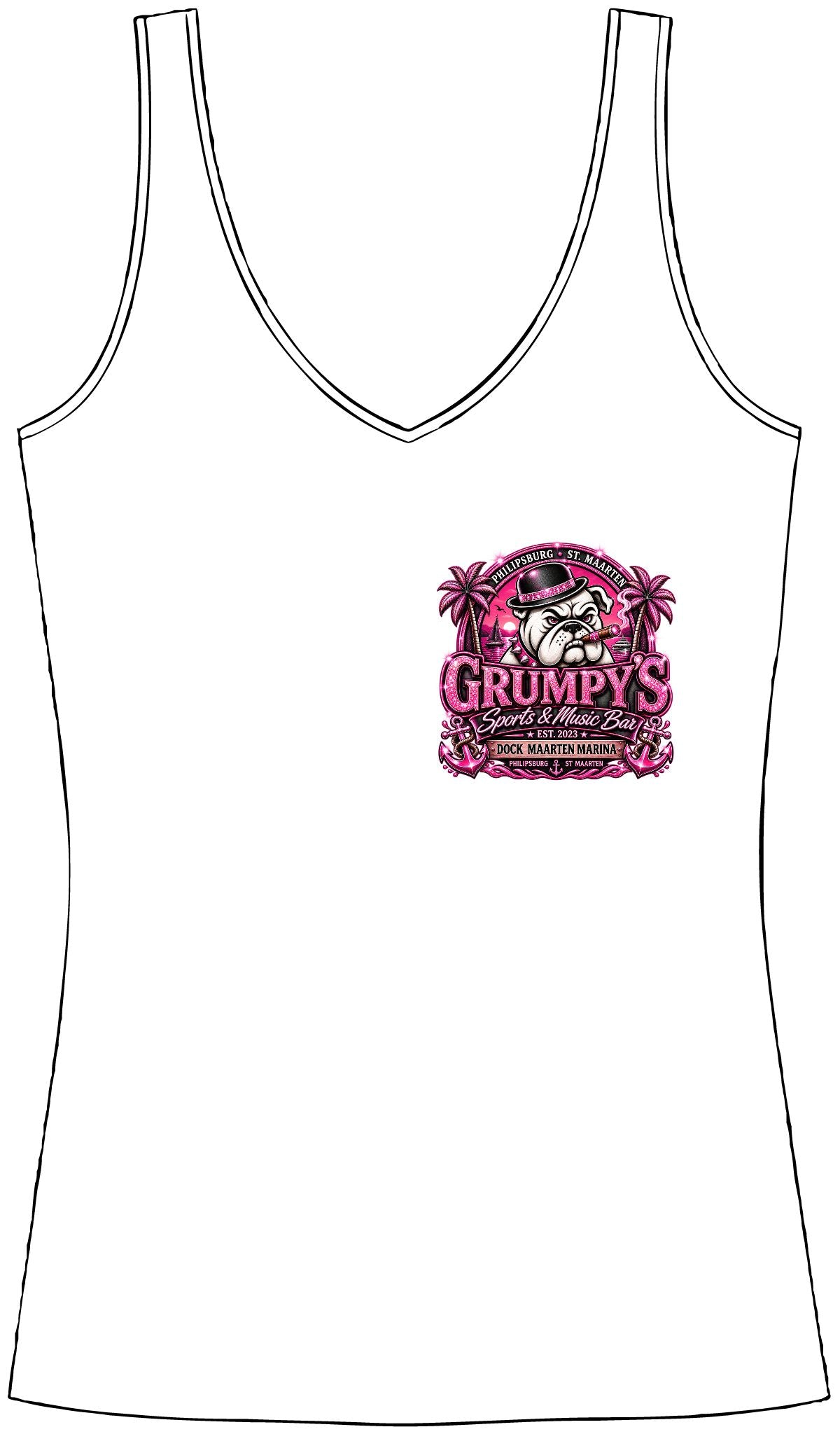 Grumpy's Beach Bar Women's V‑Neck Tank — Tropical Skull Logo Summer Top