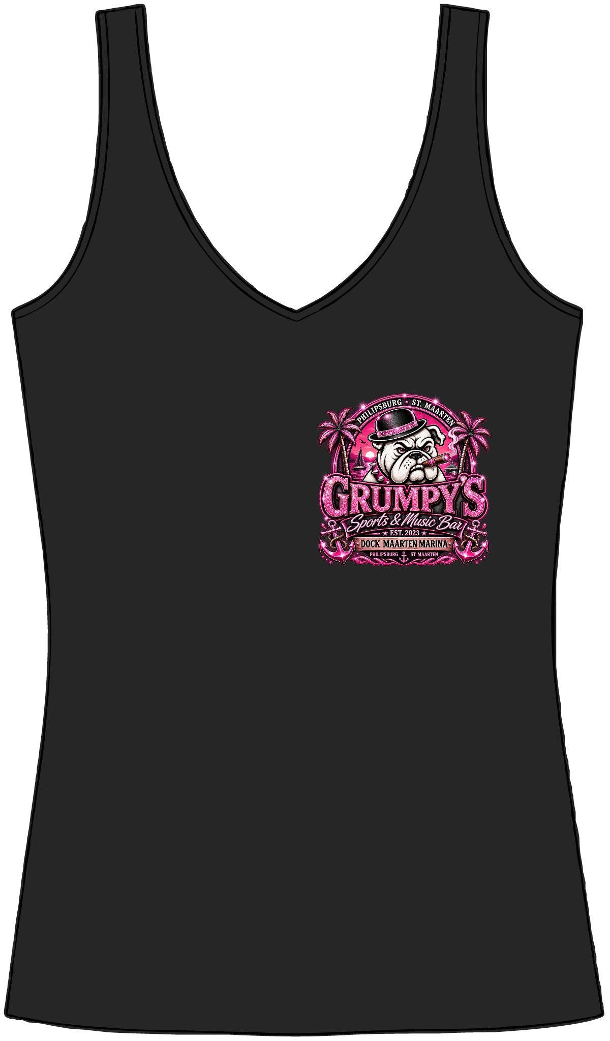 Grumpy's Beach Bar Women's V‑Neck Tank — Tropical Skull Logo Summer Top