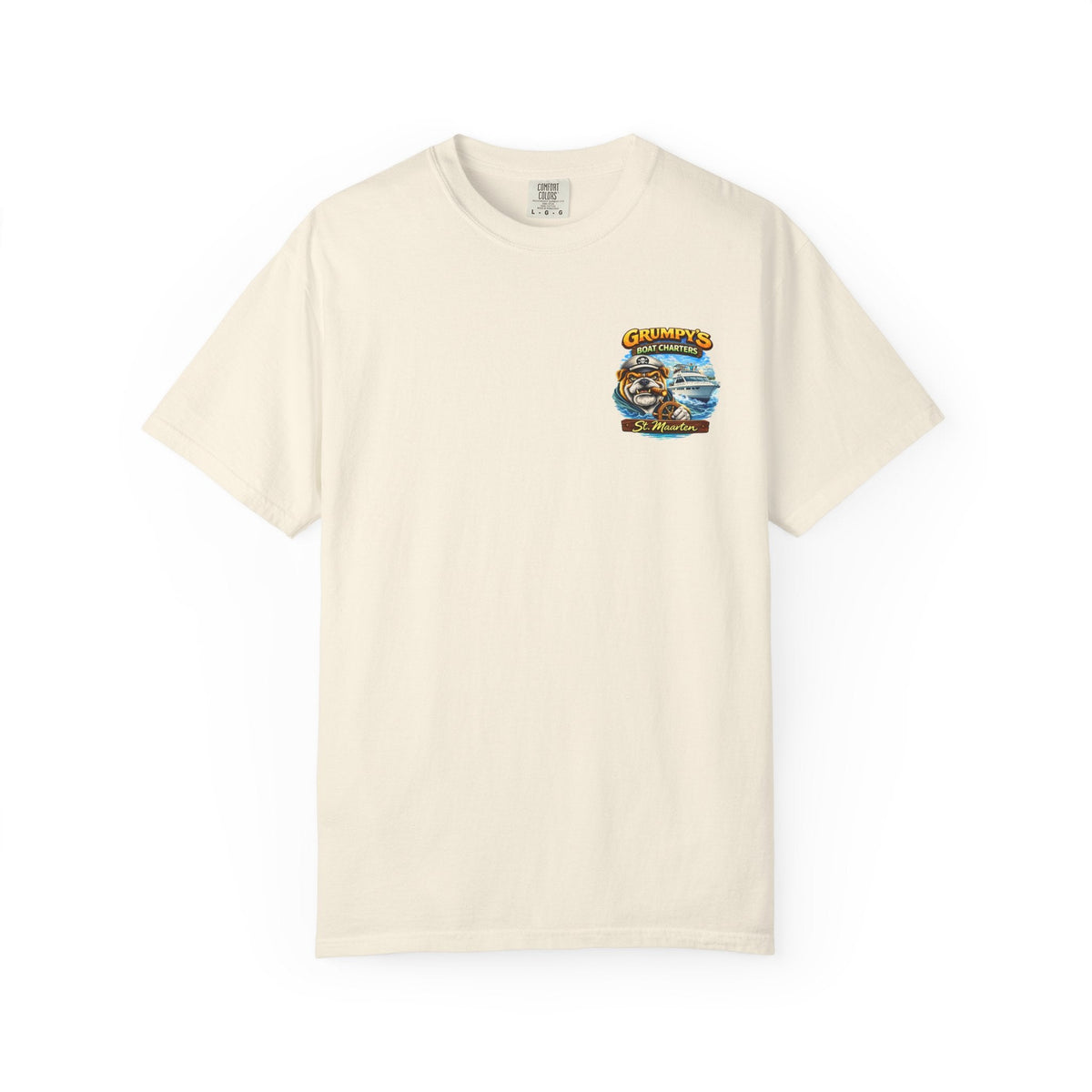 Beige t-shirt with a graphic design on a white background