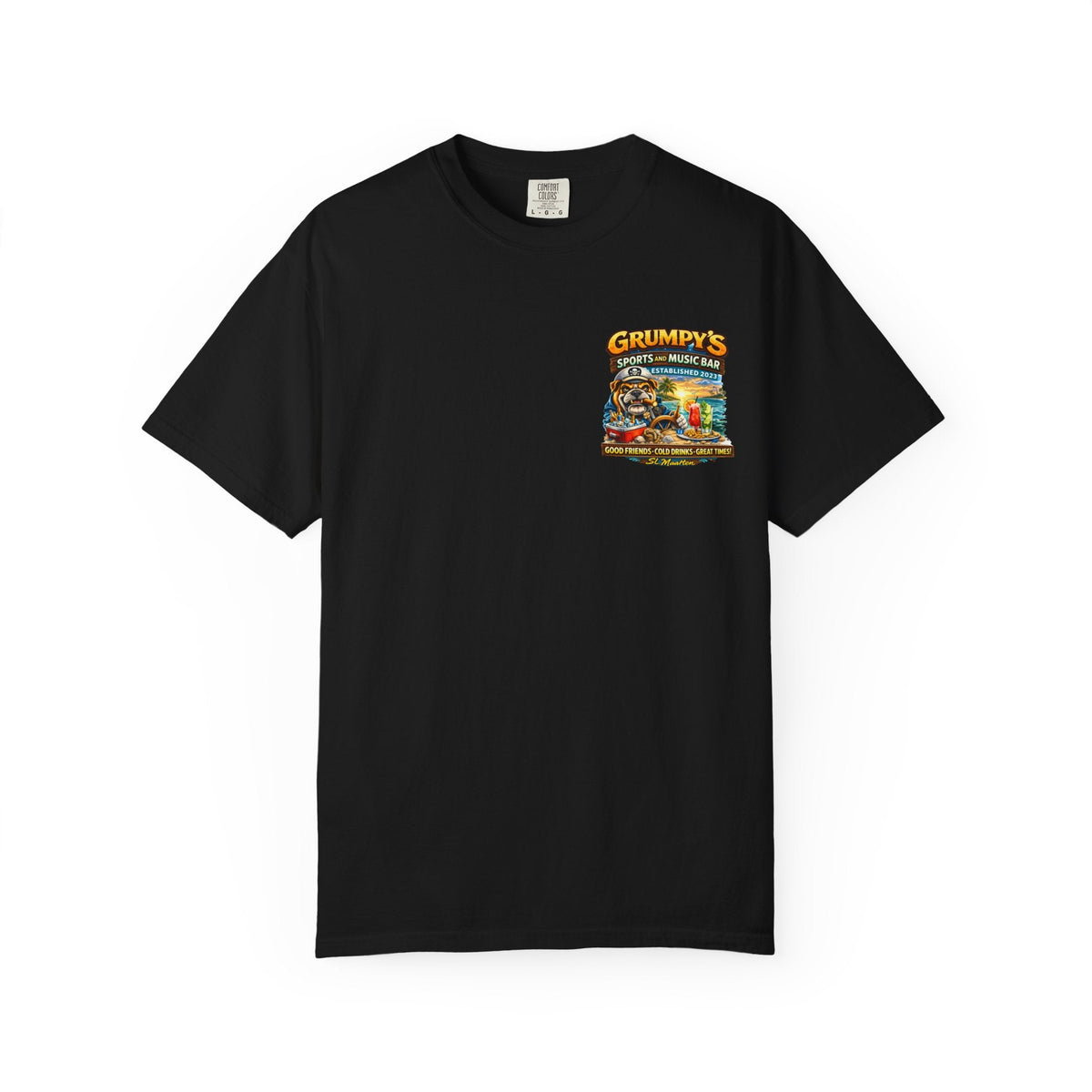 Black t-shirt with a white graphic on a white background
