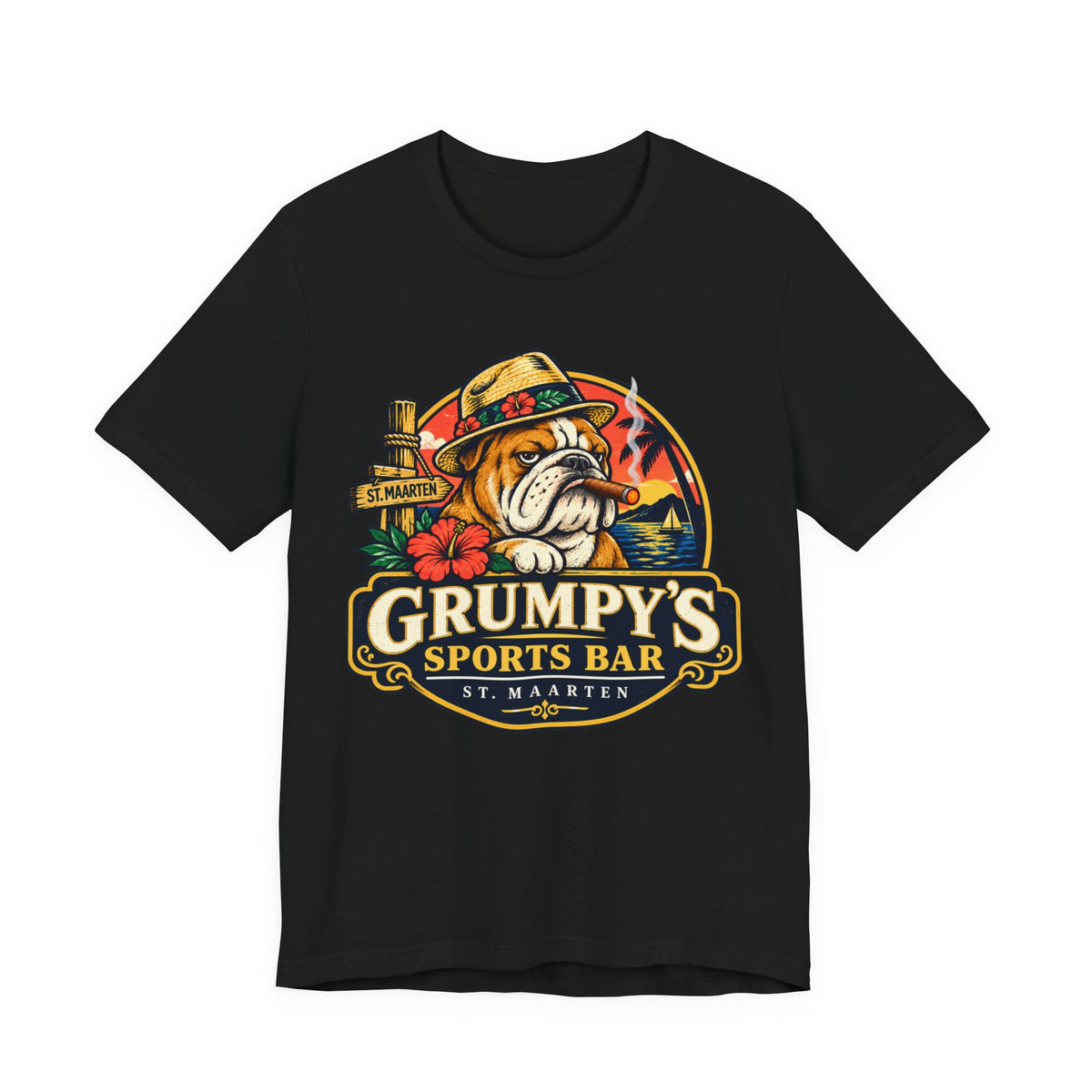 Grumpy’s Sports Bar St. Maarten T‑Shirt — Tropical Bulldog Bar Tee