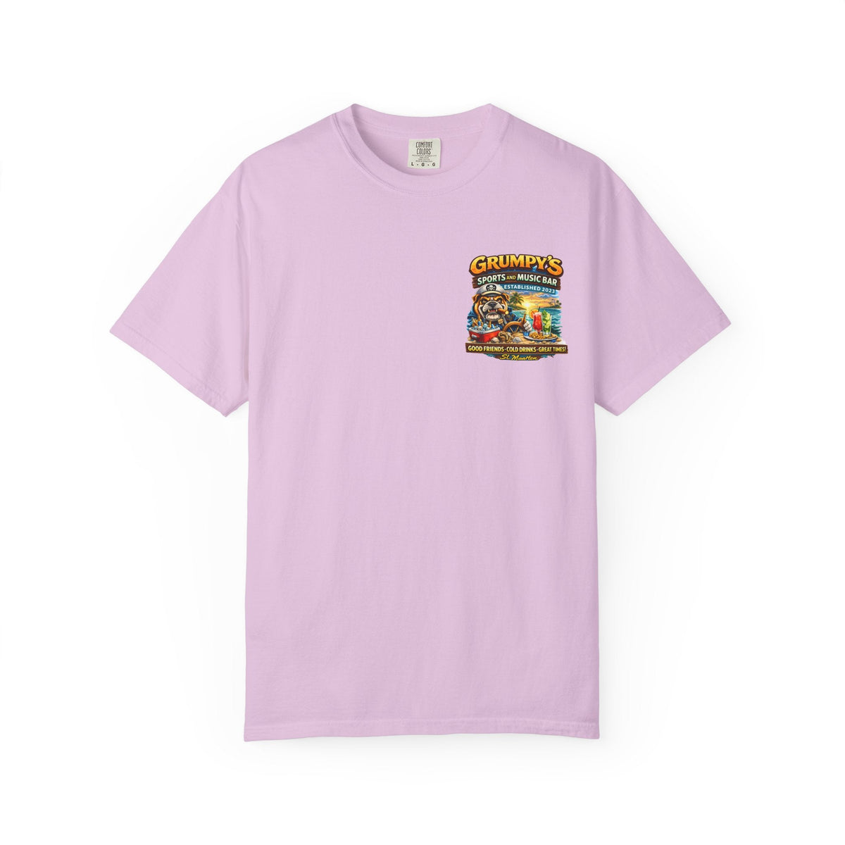 Light purple t-shirt with a colorful graphic on a white background