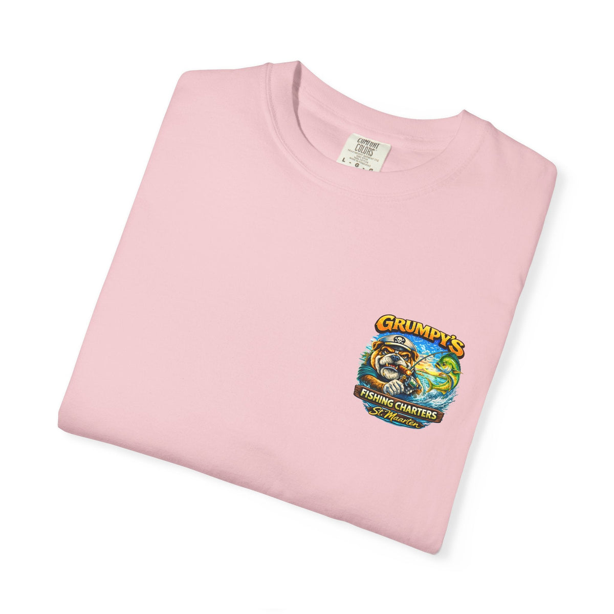Chambray Grumpy's Fishing Charters Tee – "Hooked & Hammered", t-shirt product image 25, size XL.