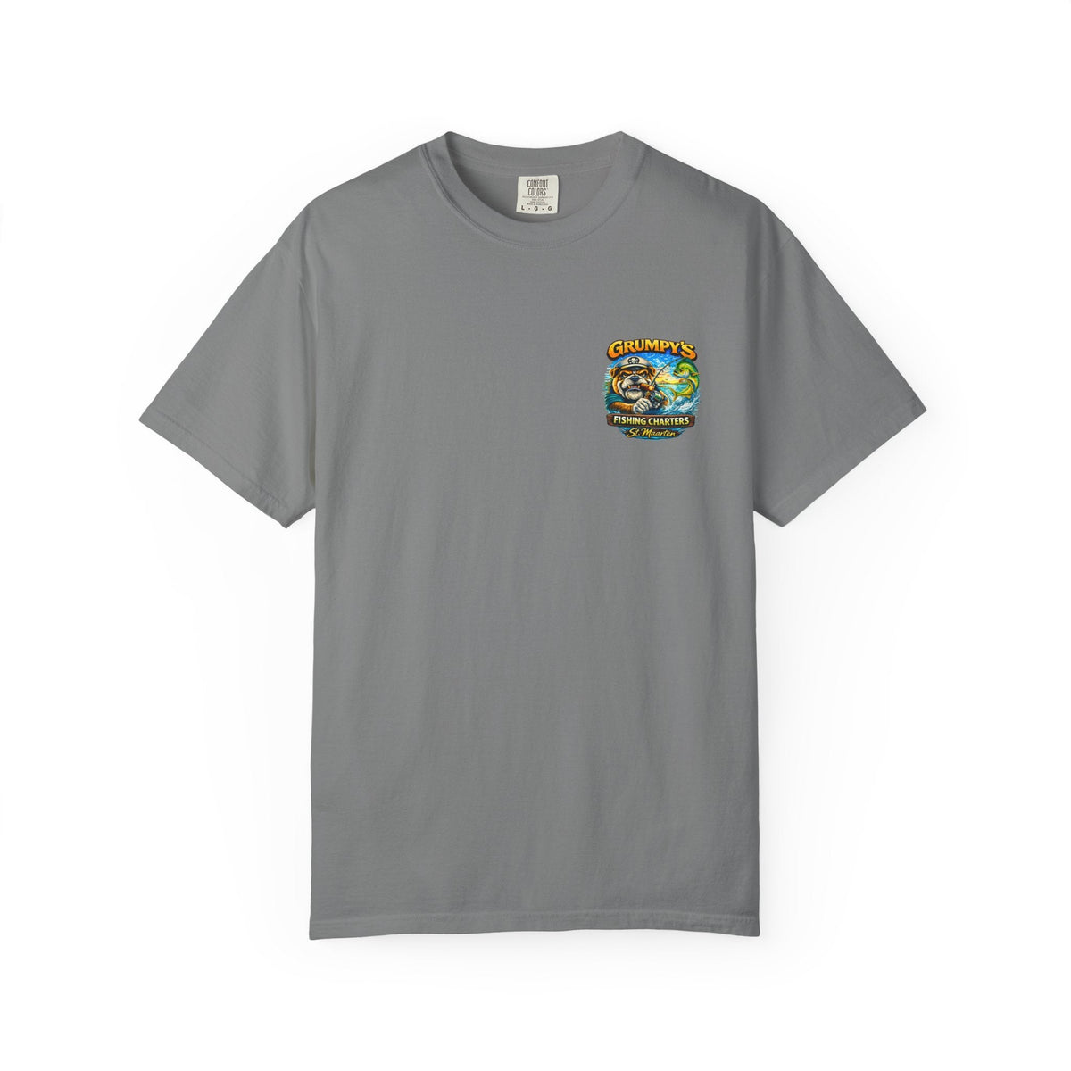 Grey Grumpy's Fishing Charters Tee – "Hooked & Hammered", t-shirt product image 5, size S.