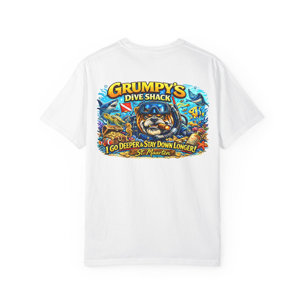 White t-shirt, back view with a large Grumpy's Dive Shack scuba bulldog graphic reading 'I Go Deeper & Stay Down Longer! St. Maarten', on a white background