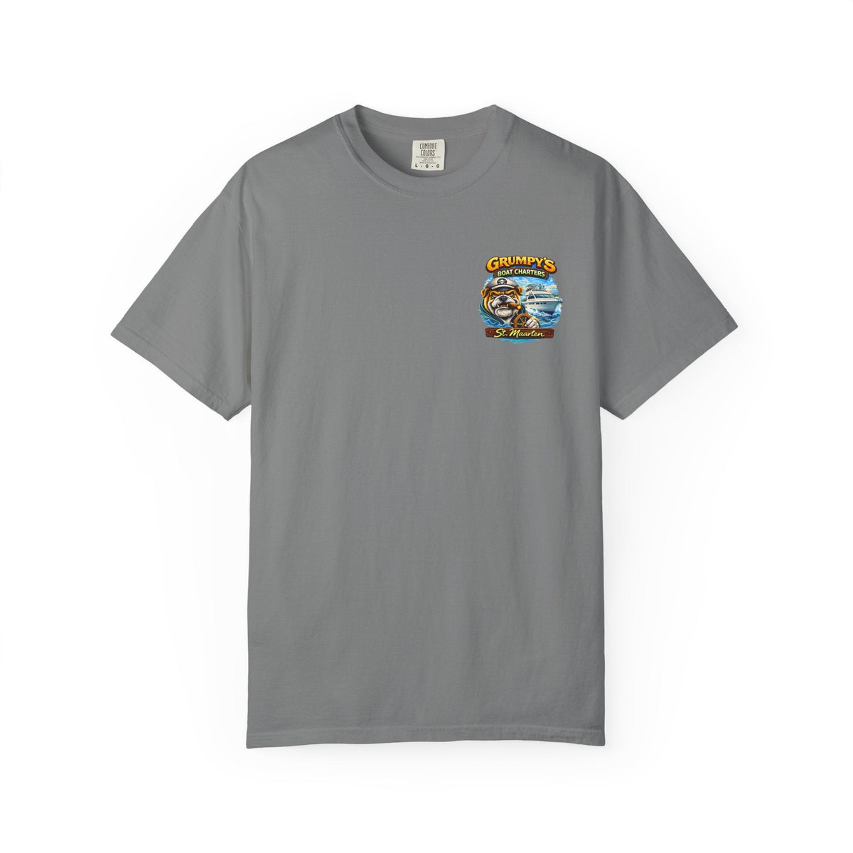Gray t-shirt with a graphic design on a white background