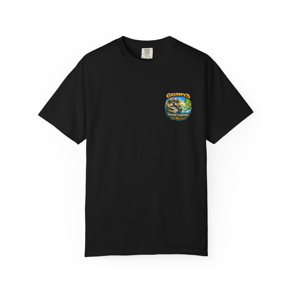 White Grumpy's Fishing Charters Tee – "Hooked & Hammered", t-shirt product image 8, size M.