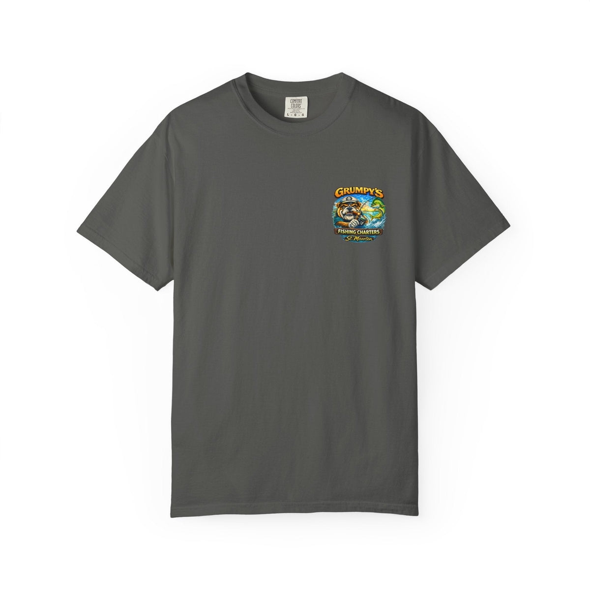 Chambray Grumpy's Fishing Charters Tee – "Hooked & Hammered", t-shirt product image 4, size S.