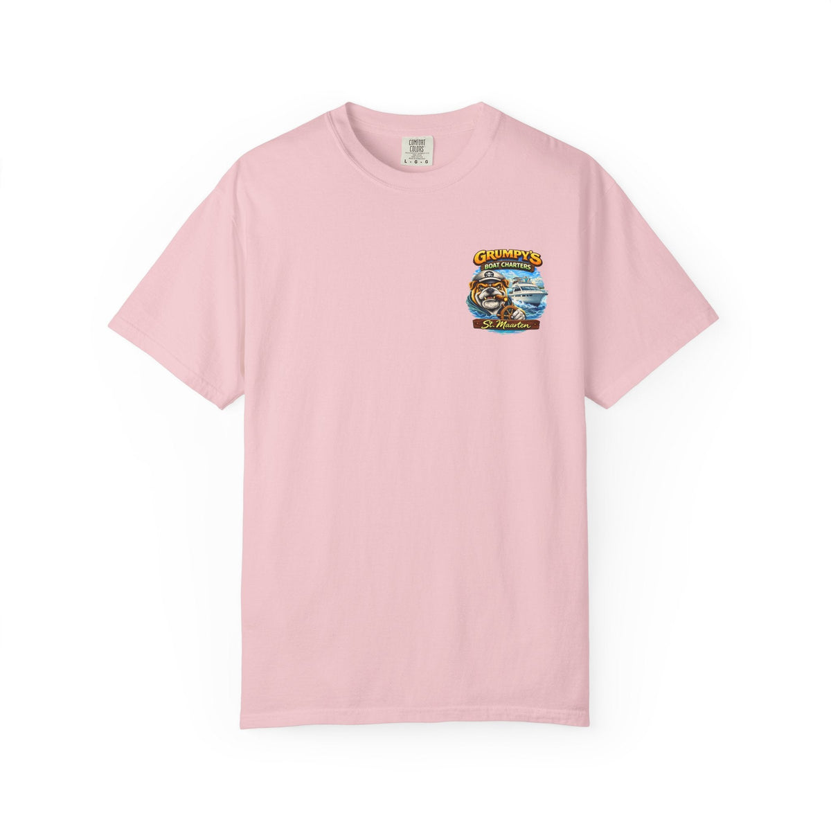 Pink t-shirt with a logo on the chest against a white background