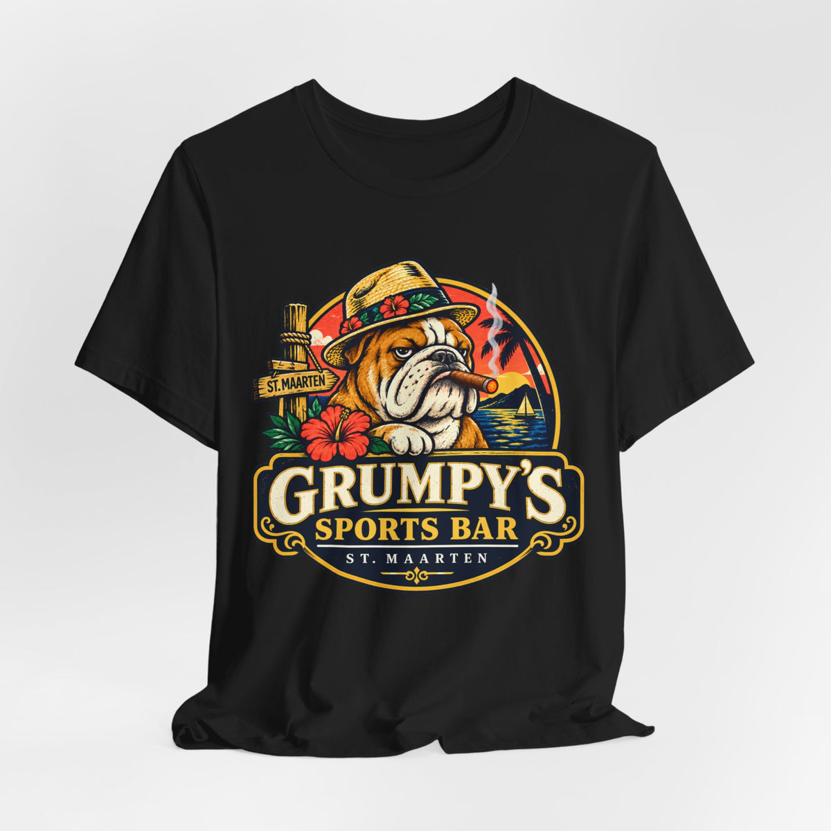 Grumpy’s Sports Bar St. Maarten T‑Shirt — Tropical Bulldog Bar Tee