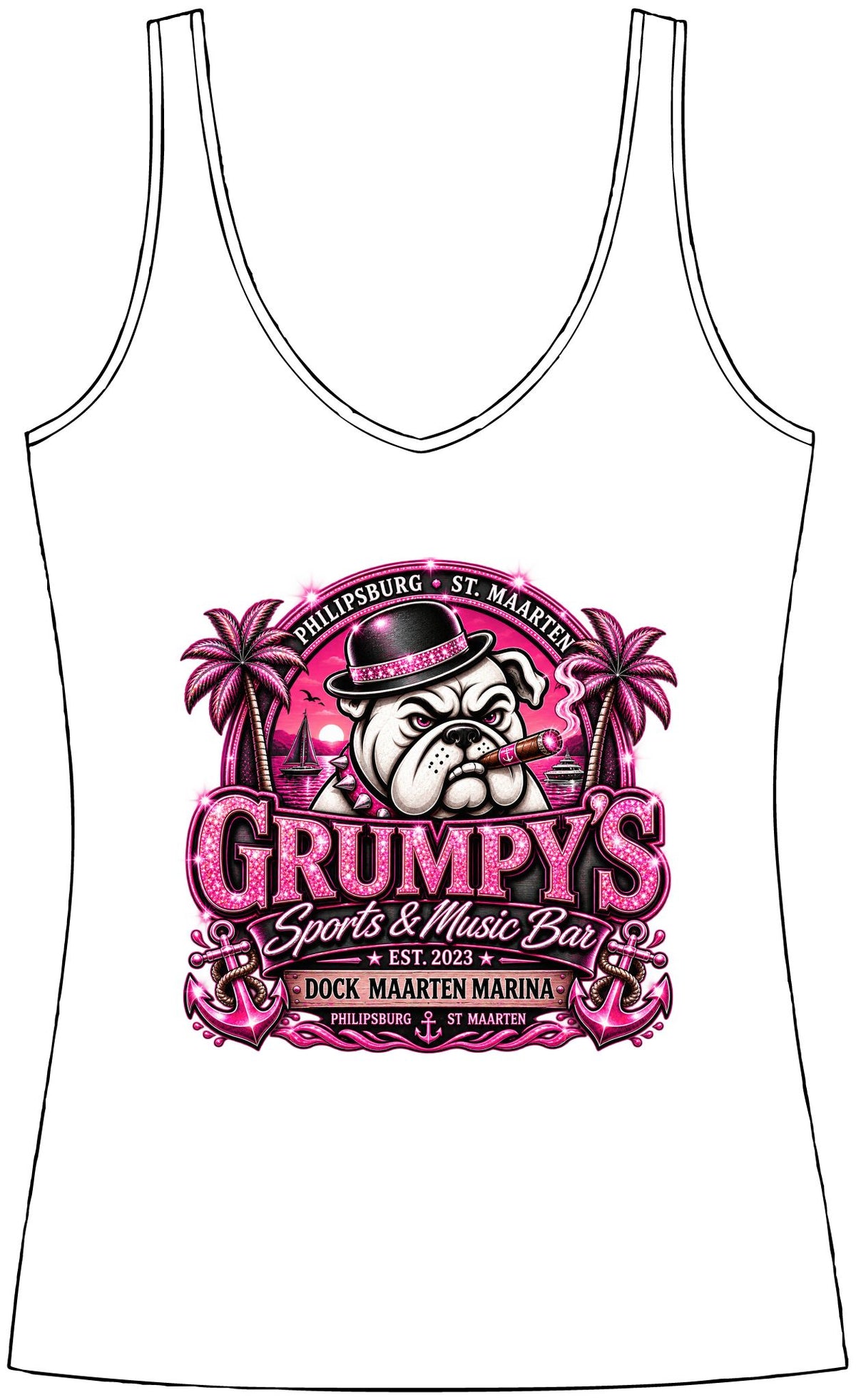 Grumpy's Beach Bar Women's V‑Neck Tank — Tropical Skull Logo Summer Top
