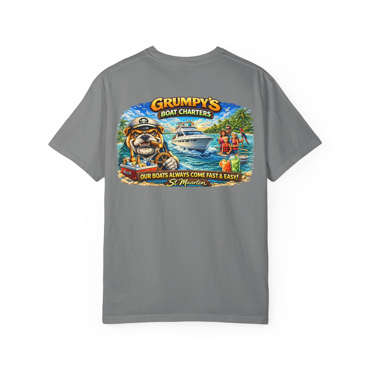 True Navy Grumpy's Boat Charters T-Shirt – St. Maarten Tee, t-shirt product image 6, size S.